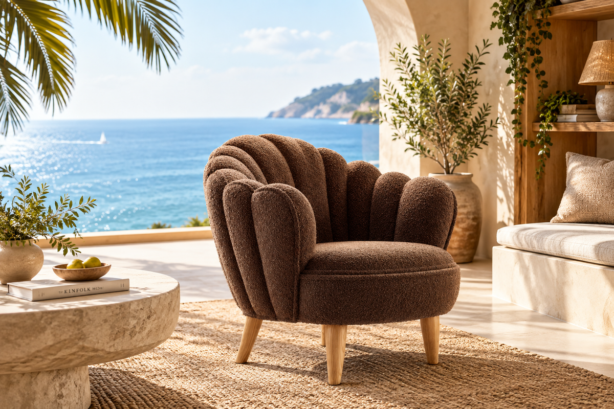 Poltrona da soggiorno marrone a conchiglia in poliestere bouclé 78 x 75 x 80 cm