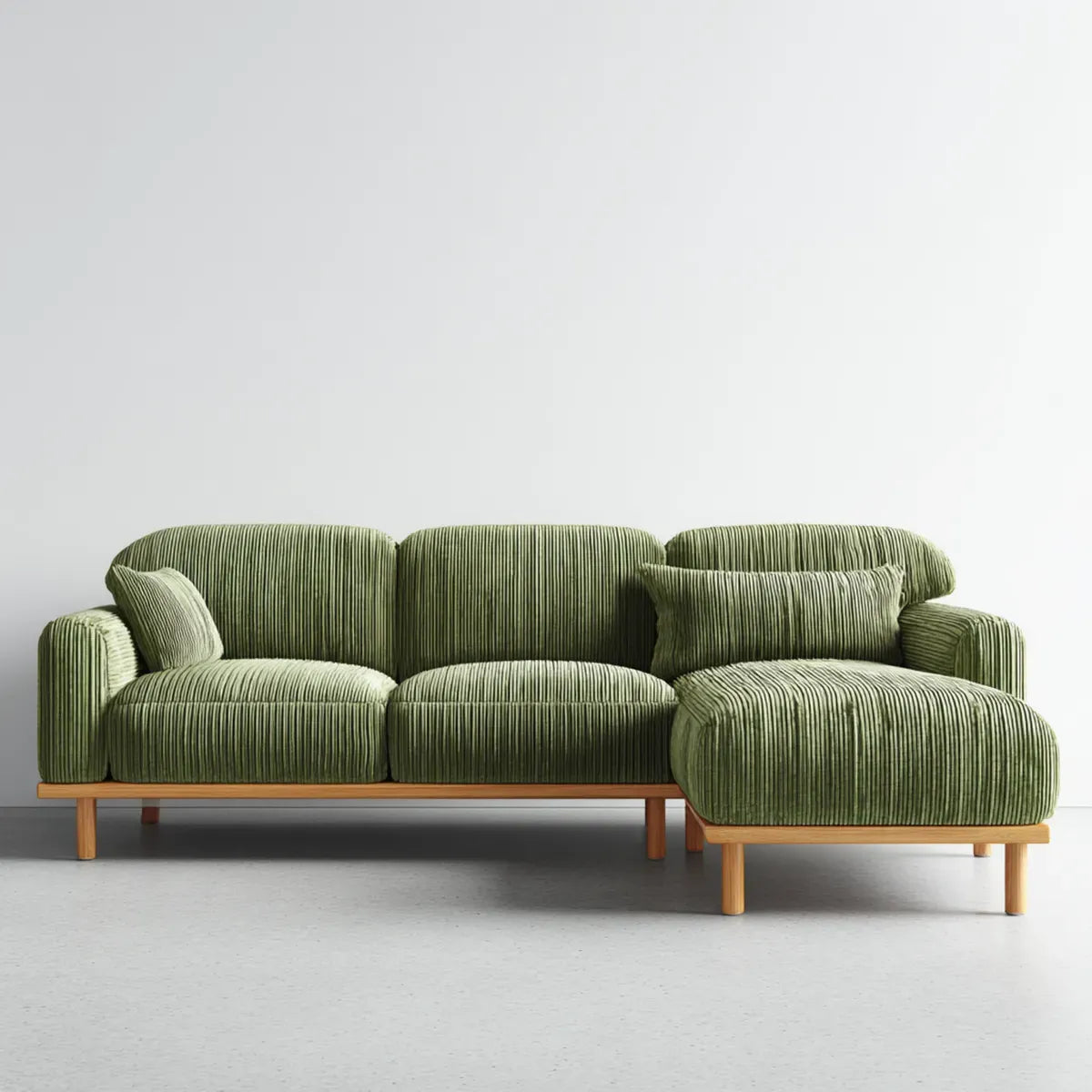 Divano angolare 3 posti con chaise longue destra verde oliva in velluto a coste 280 x 155 x 78 cm a L