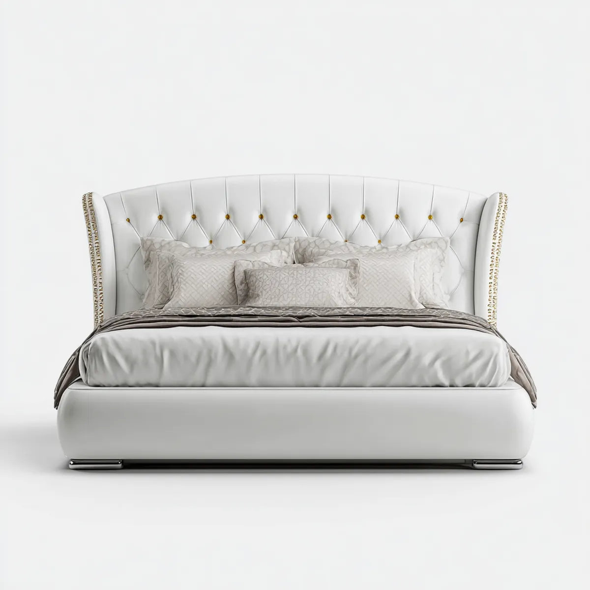 Letto matrimoniale imbottito bianco 180 x 200 cm in pelle sintetica PU con testiera curva capitonné