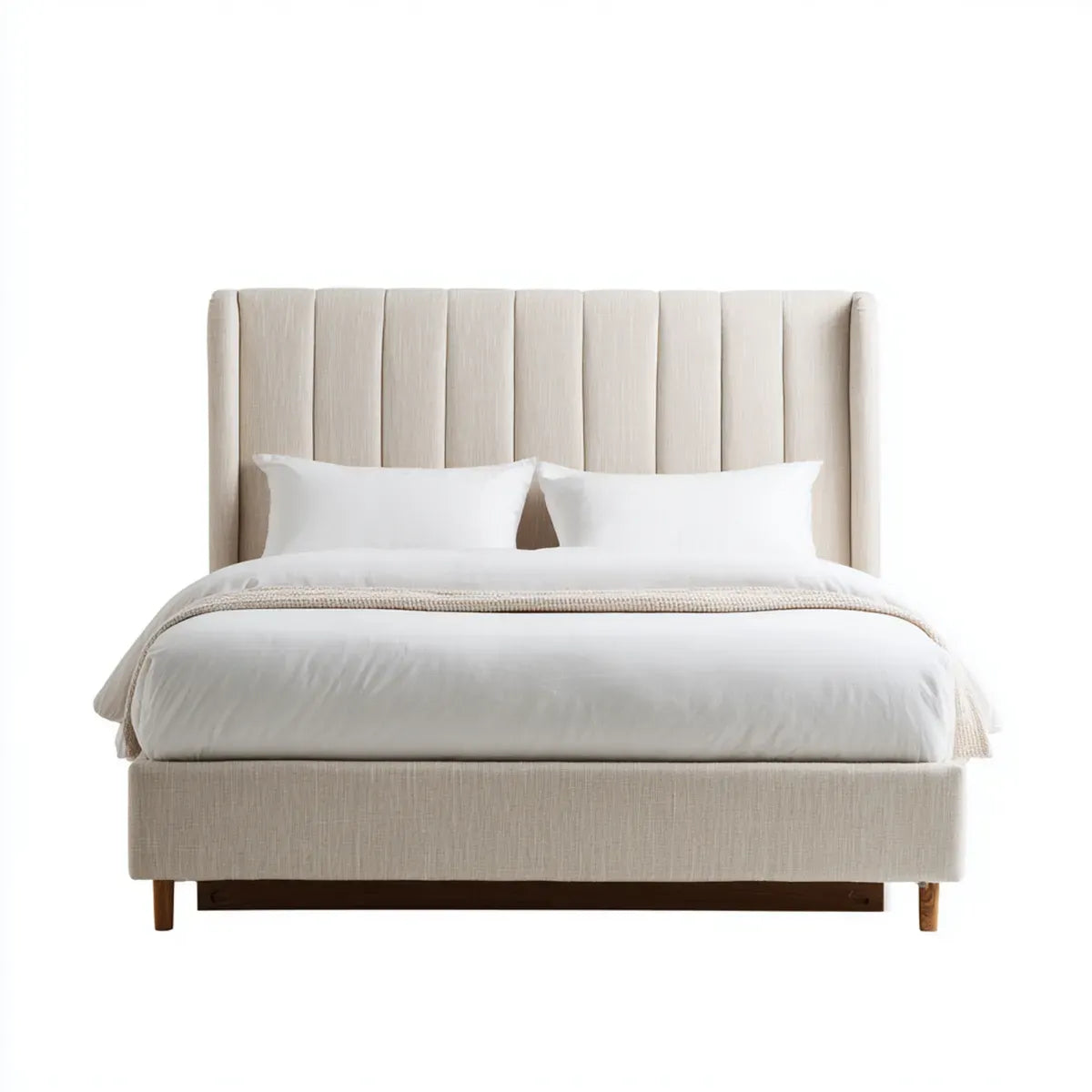 Letto matrimoniale imbottito beige 160 x 200 cm in poliestere con testiera alta a pannelli verticali