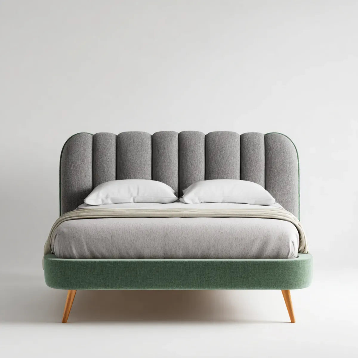 Letto matrimoniale imbottito grigio e verde 160 x 200 cm in poliestere con testiera a pannelli verticali