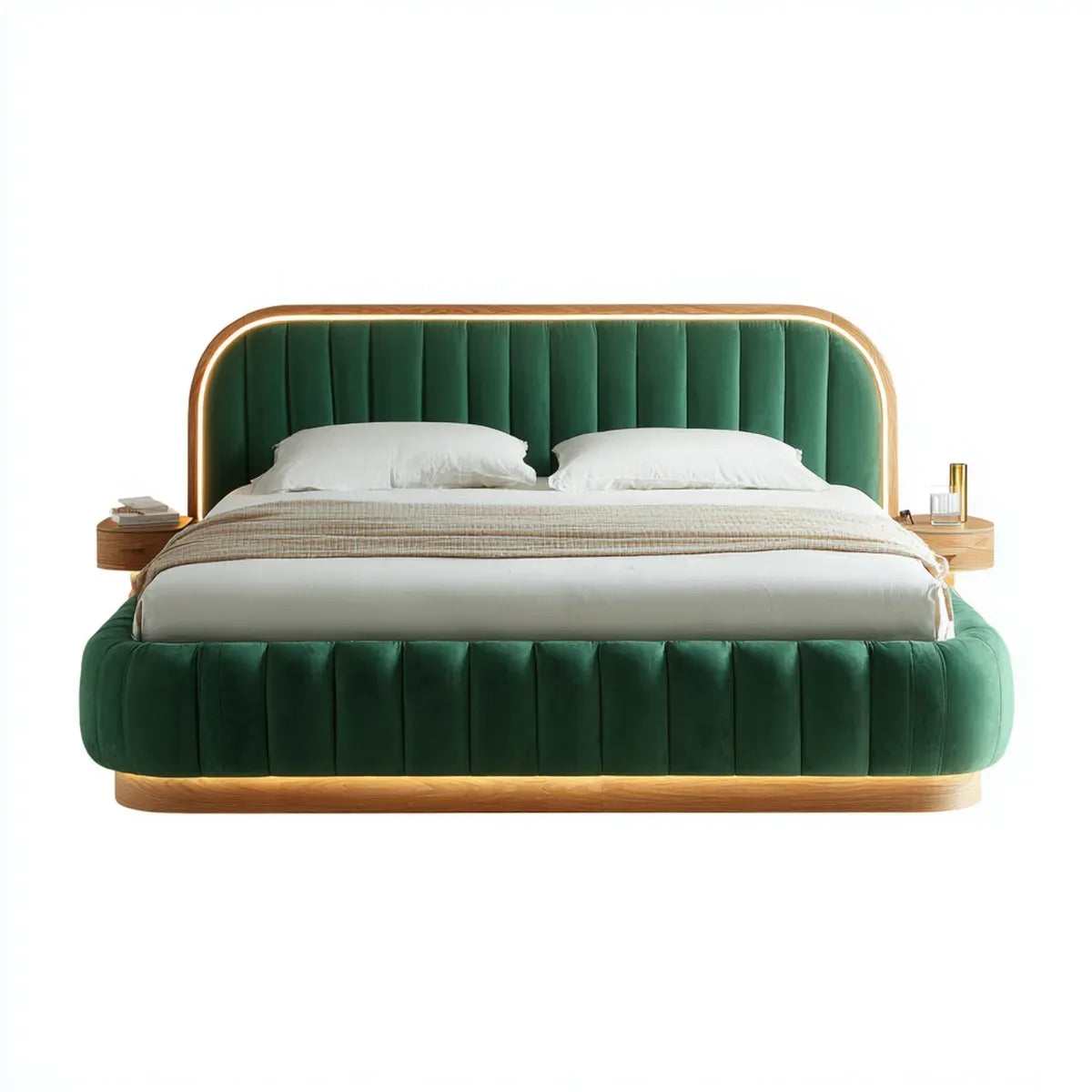 Letto matrimoniale verde 180 x 200 cm in velluto di poliestere con testiera curva e comodini integrati