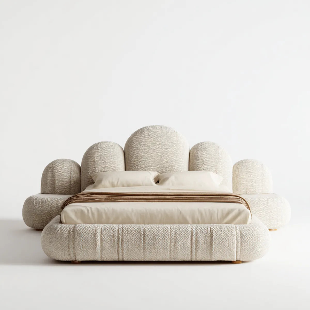 Letto matrimoniale imbottito avorio 180 x 200 cm in poliestere bouclé con testiera sagomata