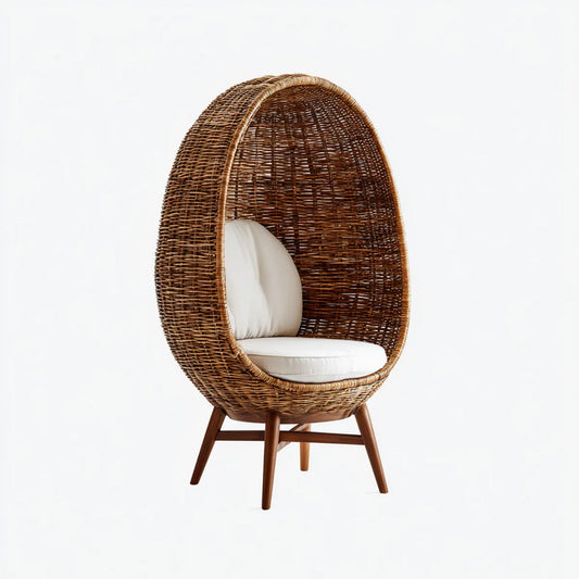 Poltrona da soggiorno in rattan naturale marrone con cuscini bianchi forma ovale 100 x 90 x 150 cm