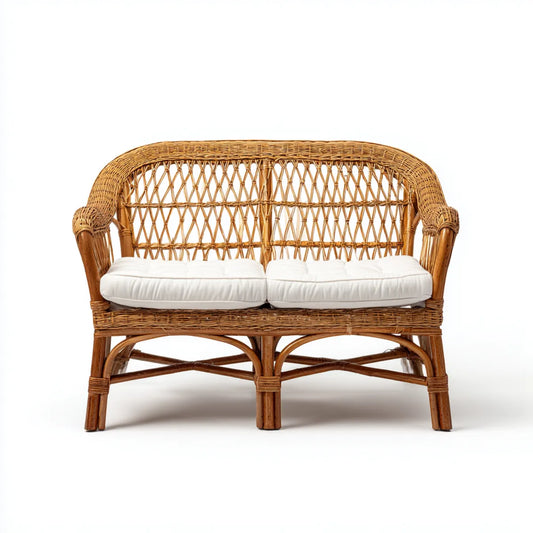 Divanetto in rattan naturale marrone a 2 posti con cuscini bianchi 120 x 65 x 90 cm rettangolare